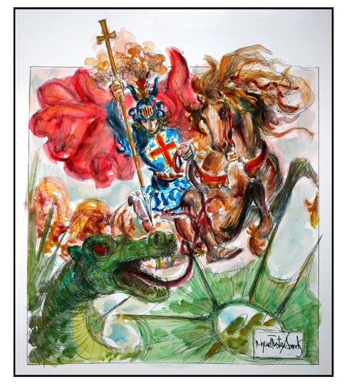 Sant Jordi, patron saint of both Catalonia and England, wearing his famous cross and slaying the monstrous dragon